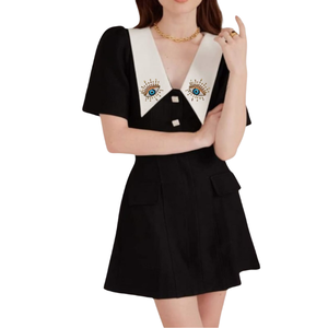 Robe bleue super douce et confortable en 100 % coton avec mini manches bouffantes, patchs perlés, respirante, pour femme, vente en gros, personnalisable - Product Image 5