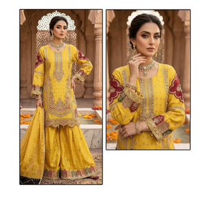 Ensemble de costume en mousseline de soie lourde de créateur avec dupatta, prêt-à-porter, haut et pantalon palazzo, tenue ethnique légère pour femme, idéal pour les fêtes - Product Image 1