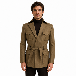 Abrigo de Tweed Premium para Hombre con Cinturón, Chaqueta Estilo Safari con Bolsillos Utilitarios, Corte Entallado, Prenda Exterior de Invierno de Diseño Estructurado - Product Image 2