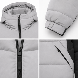 Hot Sale Stand Woven Hooded Puffer <b>Jacket</b> Casual Winter Streetwear Contrast Panels Custom Logo Embroidery Service Full Front - Product Image 4