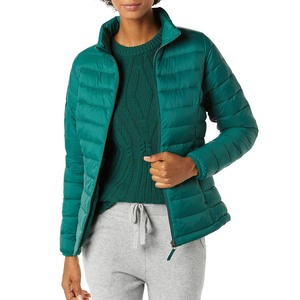 Women's Emerald Green Quilted Jacket <b>Stand</b> Collar Full Sleeve Zipper Closure Solid Color Winter Puffer <b>Coat</b> - Product Image 1