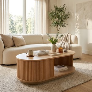 Modern Oval Wood <b>Coffee</b> <b>Table</b> With Open Shelf Storage Midcentury Living Room Furniture - Product Image 2