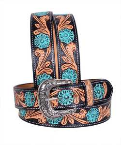 Premium Western Cowboy Floral Leather <b>Belt</b> – Hand Tooled Carved Leather with <b>Vintage</b> Buckle - Product Image 1