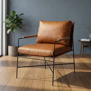 Fauteuil d'appoint moderne en cuir PU marron avec siège rembourré, accoudoirs en bois, structure en métal noir, chaise longue contemporaine - Product Image 5