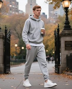 Ensemble survêtement homme gris à capuche et pantalon, couleur unie, décontracté, manches longues, 100% coton respirant, coupe classique, automne - Product Image 1