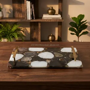 Handmade <b>Black</b> Agate Stone Serving Tray with Gold Metal Handles Rectangular Decorative Kitchen Coffee Table Home Display Decor - Product Image 2