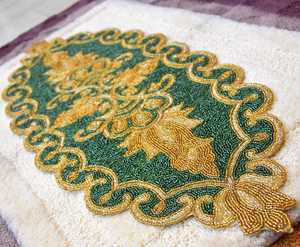 Handmade Customized Luxury Eco-Friendly Fabric <b>Table</b> <b>Runner</b> <b>Green</b> Gold Classic Embroidered Design Mats Pad - Product Image 1