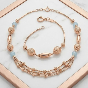 Collier Mala italien en argent 925, finition or rose, pierre bleue, chaîne à plusieurs rangs, bijoux perlés design pour femmes - Product Image 4