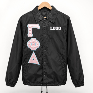 Chaqueta personalizada de poliéster con letras griegas azules de Gamma Phi, estilo preppy unisex, cuello vuelto, cortavientos tipo coach. - Product Image 2
