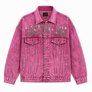Custom Pink Denim <b>Jacket</b> with <b>Rhinestone</b> Logo Personalized Fashion Denim <b>Jacket</b> Manufacturer - Product Image 1