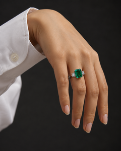 Luxury Emerald Cut <b>Green</b> Gemstone Three Stone <b>Ring</b> for Women with Trapezoid Side Stones 10K 14K 18K Gold 925 935 Silver - Product Image 4