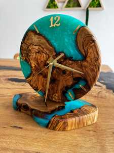 Handmade Olive Wood & Turquoise Epoxy Resin <b>Clock</b>: Unique Desk Decor - Product Image 4