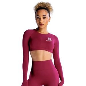 Women's Burgundy <b>Long</b> <b>Sleeve</b> Crop <b>Top</b> Shorts Set Fitness Yoga Wear Two Piece Slim Fit <b>Gym</b> Workout Activewear Manufacturer OEM - Product Image 1