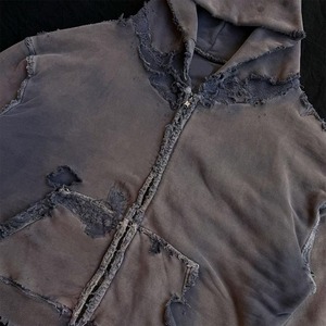 Sudadera con capucha unisex de algodón 100% de 500 GSM, estilo streetwear, con cremallera, efecto desgastado por el sol y lavado ácido, diseño destruido. - Product Image 3