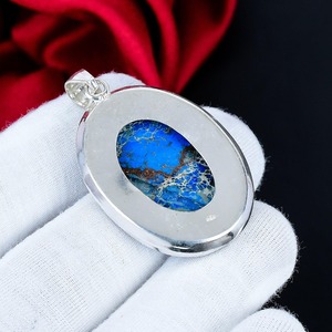 Pendentif ovale en jaspe sédiment marin bleu, en argent sterling 925, fait main, bijou bohème, vente en gros, cadeau pour femme - Product Image 3