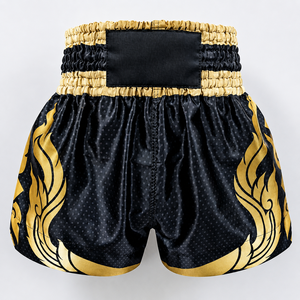 Shorts d'entraînement de boxe thaïlandaise en satin extensible personnalisés Premium Black Gold Dragon pour adultes unisexes, vêtements d'arts martiaux mixtes - Product Image 1