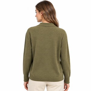 Women's Olive Green Casual Anti-Pilling 100% Cotton V-neck Pullover Long Sleeve Soft <b>Fine</b> Knitwear Winter Daily Wear - Product Image 3