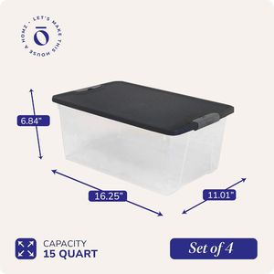4 Pack Clear Plastic Storage <b>Bins</b> <b>with</b> Gray <b>Lids</b> 15 Quart Stackable Organizer Boxes for Bedroom and <b>Bathroom</b> - Product Image 4