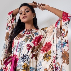 High Quality Women's Creamy Floral Kaftan 100% Silk Chiffon Knee-Length Elastic Waist <b>Loose</b> <b>Dress</b> Sleeves Custom - Product Image 2