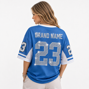 OEM Hip Hop Blue Oversized Mesh American Football Jersey Unisex Varsity Custom Premium <b>Rhinestone</b> Number V-Neck Vintage Glam <b>Top</b> - Product Image 3