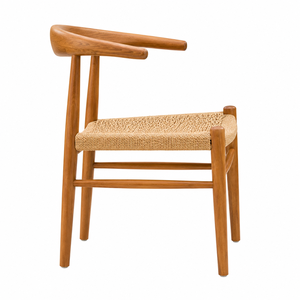 Chaise de salle à manger scandinave moderne, écologique, imperméable, en teck massif, avec assise en corde de papier et dossier incurvé enveloppant - Product Image 3