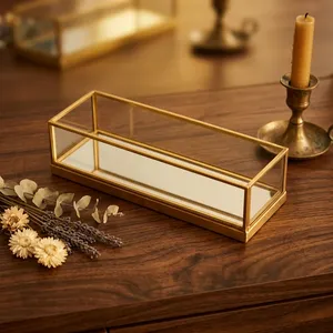 Brass Framed Glass Storage Tray Rectangle Minimalist Design Single Tier Mirror Base Bathroom <b>Vanity</b> <b>Table</b> Organizer Jewelry - Product Image 3