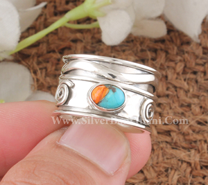 Wholesale Spiny Oyster Turquoise <b>Spinner</b> <b>Ring</b> 925 Sterling <b>Silver</b> Wide Band Swirl Filigree Meditation for Women Party Classic - Product Image 4