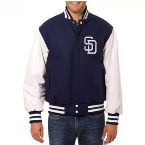 Chaqueta Varsity Personalizada Azul Marino de Lana para Hombre, Chaqueta Bomber con Mangas de Cuero Blanco y Logotipo Bordado, Chaqueta Letterman de Béisbol al por Mayor - Product Image 2
