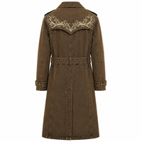 Manteau trench coupe-vent en jean western pour femme, double boutonnage, automne, marron tabac délavé, long, ceinturé, col à revers, doublure en coton