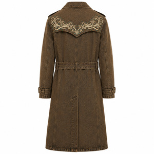 Manteau long en jean pour homme style western, marron tabac délavé, brodé, avec ceinture - Product Image 3
