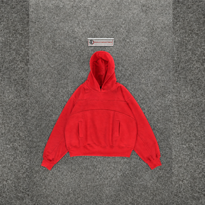 เสื้อฮู้ดดี้โอเวอร์ไซส์สีแดงสไตล์สตรีทแวร์สำหรับผู้ชาย ผ้าฝ้ายเฟรนช์เทอร์รี่สีพื้น ดีไซน์กระเป๋าเสื้อ ทรงปกติ - Product Image 5