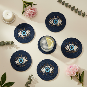Round Eco-Friendly Fabric <b>Coasters</b> Handmade Modern Table Mats Teal Color with Gold Trim Diameter <300mm - Product Image 5