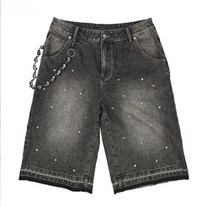 Shorts Bermuda en jean délavé pour homme, taille mi-haute, avec rivets décoratifs, style urbain, en coton tissé, fermeture boutonnée - Product Image 3