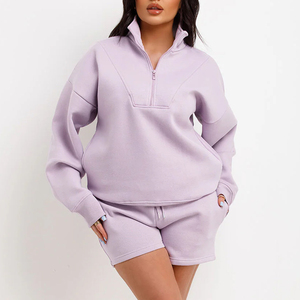 Conjunto de Sudadera Lavanda de Talla Grande para Mujer con Cierre de Cremallera, Color Sólido, Ajuste Holgado Informal, Manga Larga y Pantalones Cortos para Primavera - Product Image 4