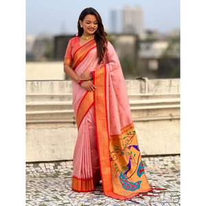 Sari en soie Paithani traditionnel Elite Weaves avec motifs tissés Zari et pallu paon Meenakari pour mariages indiens/pakistanais - Product Image 4