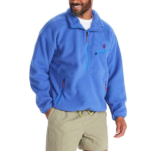 Men's Blue <b>Fleece</b> Quarter-Zip <b>Jacket</b> <b>With</b> Pockets Casual Autumn Wear Regular Fit Polyester Material - Product Image 2