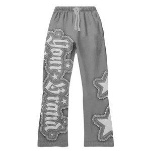 Custom OEM Breathable Winter Grey Tracksuit Frayed Applique <b>Gothic</b> Letter <b>Hoodie</b> Raw Edge Star Wide Leg Sweatpants Fleece - Product Image 2