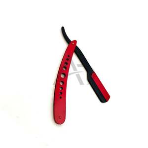 Rasoir de barbier rouge et noir à double tonalité, lame métallique tranchante, manche rouge avec découpes circulaires - Product Image 4