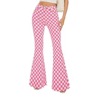 Pantalon évasé à carreaux rose et blanc pour femme, taille haute, coupe ample, décontracté, longueur intégrale, avec poches et fermeture boutonnée - Product Image 4