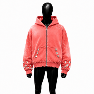 Sudadera con capucha extragrande de felpa francesa para hombre, con cremallera, color coral, adornos de pedrería y manga regular, estilo otoñal - Product Image 1