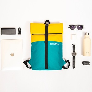 Yellow and blue color matching design <b>backpack</b> simple roll top <b>backpack</b> <b>large</b> capacity sports <b>backpack</b> daily bag - Product Image 6
