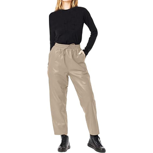 Women Leather Pants High Waist Regular Fit Stretch Faux Leather Straight Trousers Casual Streetwear Windproof Breathable Summer - Product Image 4
