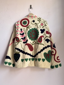 Cream <b>Corduroy</b> Embroidered Suzani <b>Jacket</b> | Folk Art Floral Quilted Bomber | Multi-Color Boho Suzani Style - Product Image 3