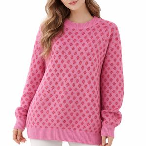 Suéter de punto rosa con estampado para mujer, cuello redondo, suave y cómodo, estilo casual, holgado, manga larga, oversize, cálido y afelpado. - Product Image 2