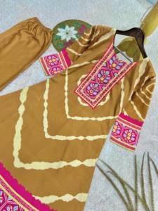 <b>Women</b> Mustard Brown Silk Quick Dry Ethnic <b>Kurti</b> with Tie Dye Floral Embroidered Border Pants Set All Seasons - Product Image 4