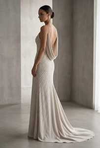 Hand Beaded Sleeveless Strapless A-Line Bridal Dress Zipper Crystal Embroidery Draped Satin Skirt Natural Waistline Floor-Length - Product Image 3