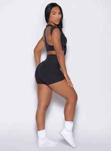 Women's <b>Black</b> 2 Piece Sports Set Crop <b>Top</b> High Waist Shorts Solid Color Spandex Knitted Breathable Skinny Fit Pocket Spring - Product Image 5