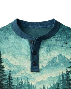 Camisa Henley para Hombre con Estampado de Montaña y Bosque, Color Verde Azulado, Manga Larga, Cierre de Botones, Estilo Casual para Exteriores, Ligera y Moderna - Product Image 5