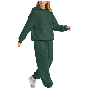 Ensemble de survêtement à capuche pour femme, couleur unie, manches longues, décontracté, respirant, coupe ample, 100 % coton, poids moyen, pantalon de jogging pour l'automne - Product Image 3