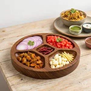 Wooden Kitchen Preparation <b>Tray</b> with 5 Compartments Vegetable Chopping Board Masala <b>Spice</b> Organizer Dry Fruit Snack Serving <b>Tray</b> - Product Image 3